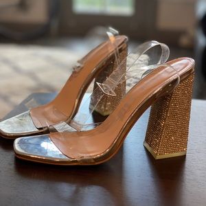 Rhinestone Block Heels with Clear Strap